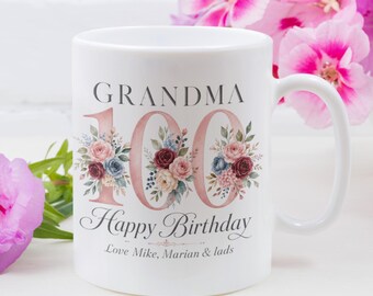 Personalised 100th Birthday Mug for Grandma, Floral Milestone Gift from Family