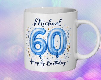 Personalised Birthday Mug for Him, Blue Balloon Name Gift