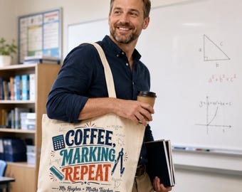 Bolsa de tela personalizada para profesor de matemáticas, bolsa para profesor de matemáticas con diseño de café y repetición de corrección.