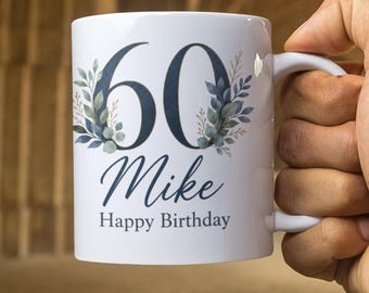 Personalised Milestone Birthday Mug for Him, Custom Name Botanical Age Gift