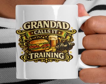 Taza de entrenamiento para abuelos, divertida taza de café con diseño de abuelo: cerveza, hamburguesa y gimnasio.