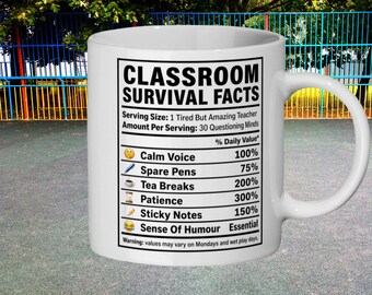 Teacher Mug, Funny Classroom Survival Facts Gift For Tired Amazing Teachers