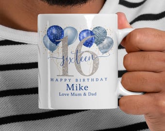 Personalised Milestone Birthday Mug, Blue Balloon Age Mug, Custom Name Gift for Him