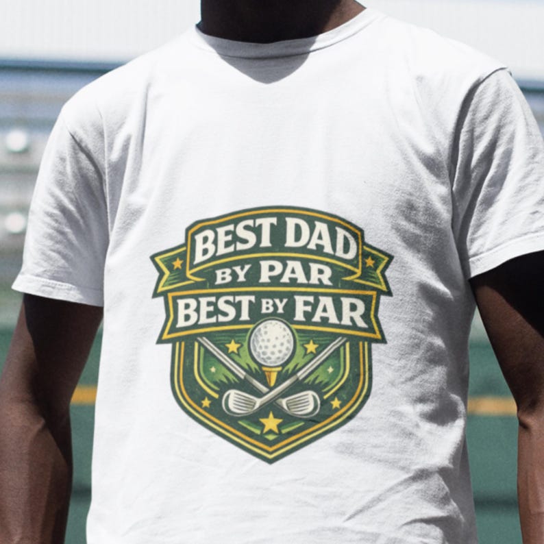 Funny golf dad t-shirt with green and yellow badge artwork