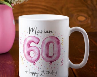 Personalised Birthday Mug for Her, Pink Balloon Number Gift with Custom Name