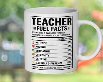 Teacher Fuel Facts Mug, Funny Teacher Gift, Classroom Coffee Cup