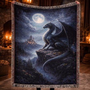 Woven Dragon Blanket, Medieval Tapestry Bedspread, Fantasy Moon Castle Throws