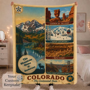 Manta de viaje vintage personalizada de Colorado, regalos personalizados del estado, manta acogedora para inauguración de casa.