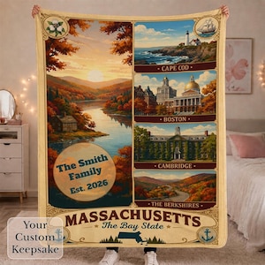 Manta de Massachusetts, regalo personalizado del estado, regalo personalizado para inauguración de casa, decoración vintage de Nueva Inglaterra, manta para amantes de los viajes, manta con nombre familiar