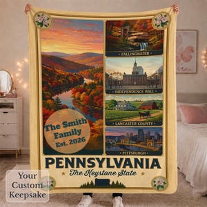 Deken met Pennsylvania-thema, gepersonaliseerde plaid met staatsmotief, cadeau voor een housewarming, Americana-decoratie, deken voor reisliefhebbers, decoratie met nationale parken
