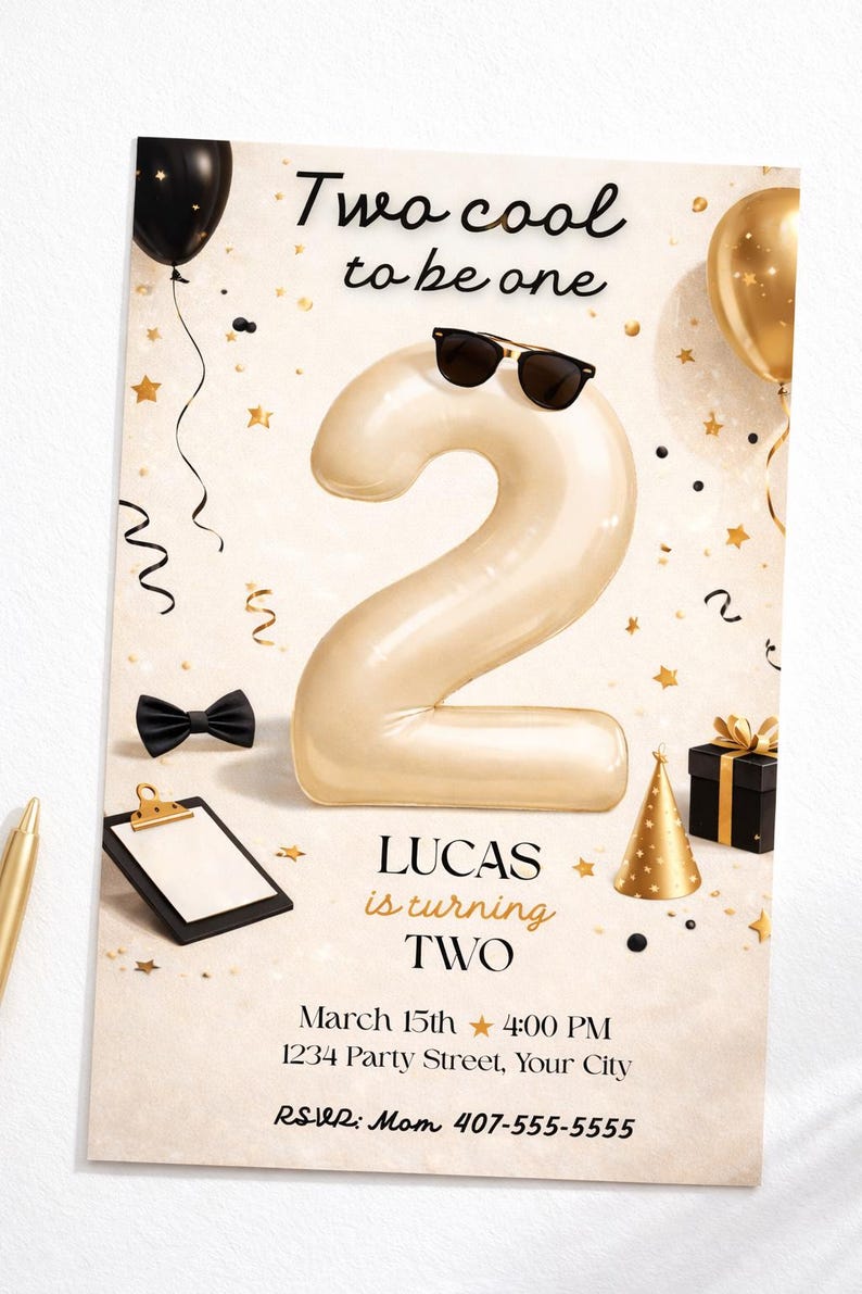Two Birthday Invite Two Birthday Invitation | Gold & Black Party, Editable Canva Template ...