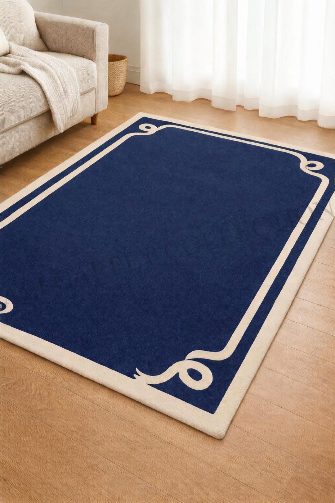Blue Bordered Rug Classic Navy Blue Border Area Rug – Elegant Minimal Frame Design Carpet ...