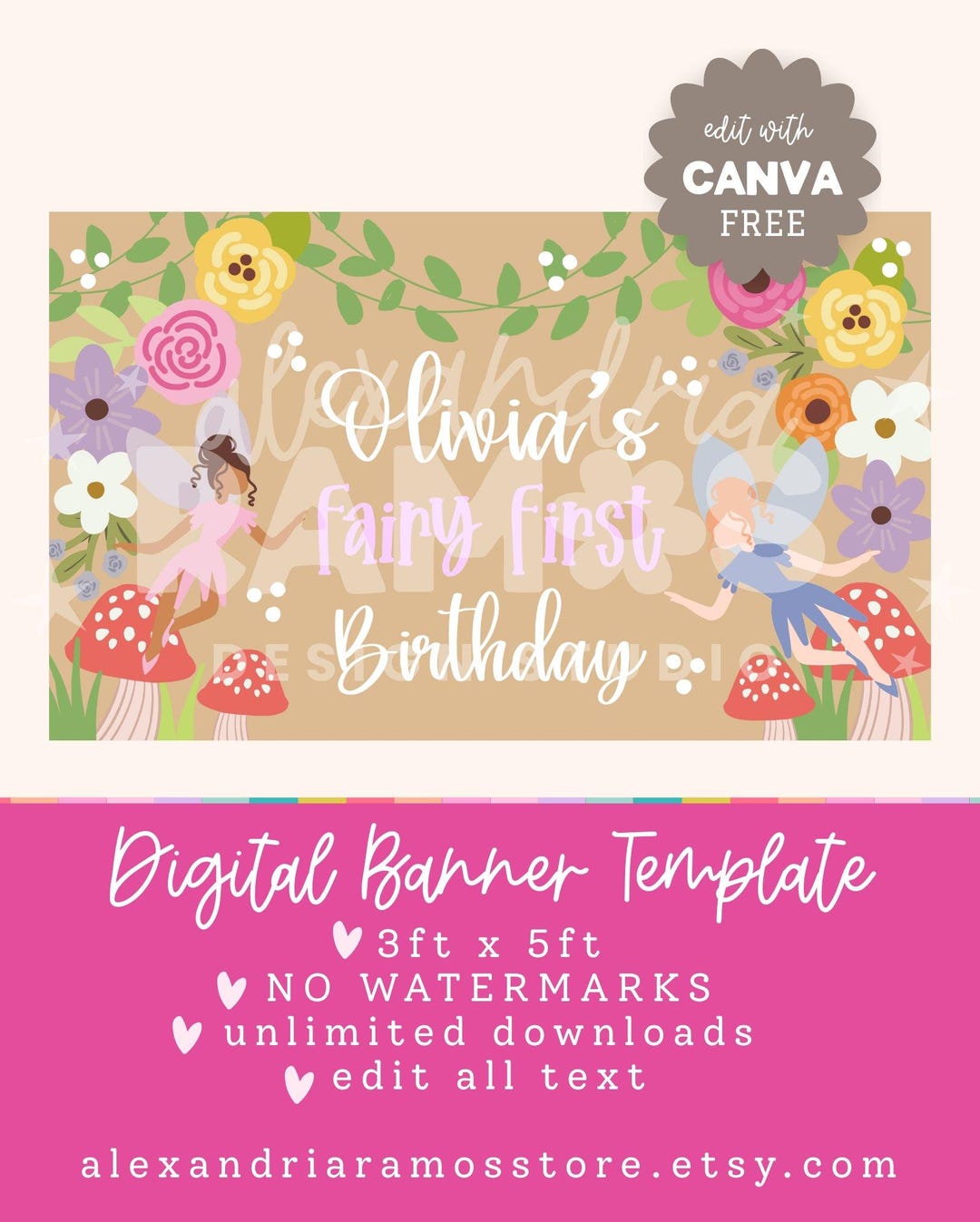 Fairy First Birthday Banner Template, Canva Editable (digital Download ...