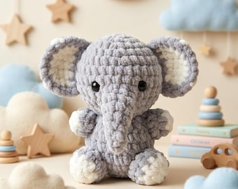 Schema per realizzare un elefante amigurumi all'uncinetto, tutorial per un peluche per neonati (download in PDF)