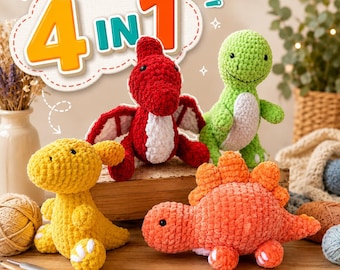 Pacchetto di schemi per dinosauri all'uncinetto, set di 4 dinosauri amigurumi (download in PDF)