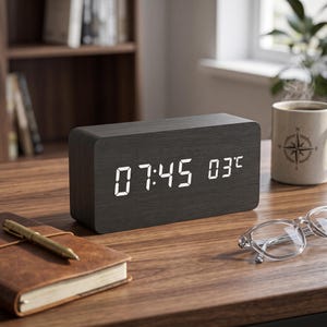 Può includere: Una sveglia digitale rettangolare con finitura a venature di legno scuro e superficie nera. Il display frontale presenta numeri LED bianco brillante che mostrano l'ora 07:45 e la temperatura 03°C. L'orologio ha un design pulito ed essenziale.