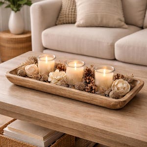 Może przedstawiać: Drewniana taca z trzema zapalonymi świecami w szklanych słoikach, otoczona dekoracyjnymi szyszkami, suszonymi kwiatami i liśćmi. Świece mają ciepły kremowy kolor, tworząc przytulną atmosferę. Taca stoi na jasnobrązowym drewnianym stole.