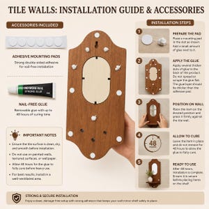 May include: An installation guide for a wooden wall mirror shelf, featuring adhesive mounting pads, a tube of nail-free glue, and five numbered steps. The guide includes important notes on surface preparation and a 48-hour curing time for secure installation.