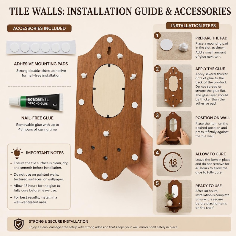 May include: An installation guide for a wooden wall mirror shelf, featuring adhesive mounting pads, a tube of nail-free glue, and five numbered steps. The guide includes important notes on surface preparation and a 48-hour curing time for secure installation.