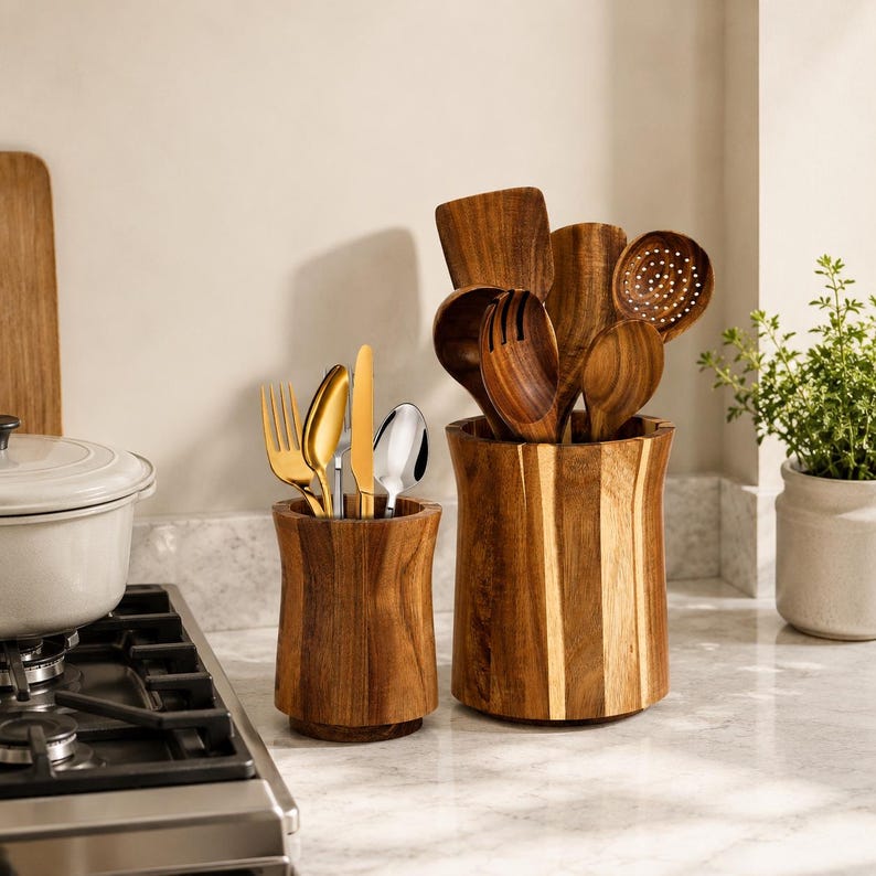 360 Rotating Acacia Utensil Holder, Wooden Kitchen Countertop Organizer ...
