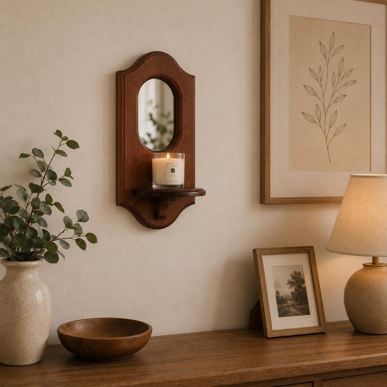 Vintage Wall Mirror Shelf, Rustic Wooden Candle Holder for Entryway Decor image 6