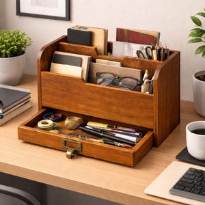 May include: A wooden desk tidy in a warm brown stain, featuring multiple compartments and a drawer. It contains stationery items such as pens, notebooks, and glasses. The drawer has a small brass-coloured label holder. The desk tidy is a practical office accessory.