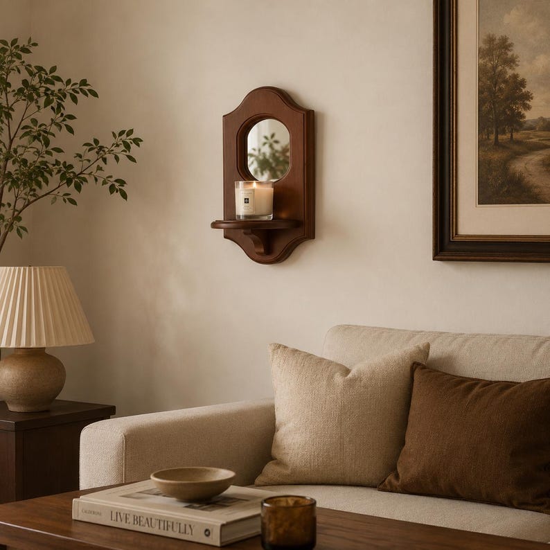 May include: A dark brown wooden wall-mounted candle sconce featuring an arched top, a circular mirror insert, and a small semi-circular shelf holding a clear glass candle jar with a white wax candle inside, positioned against a neutral wall.