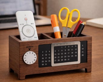 Minimalist Wooden Desk Organizer – Multifunctional Stationery & Remote Holder with Calendar