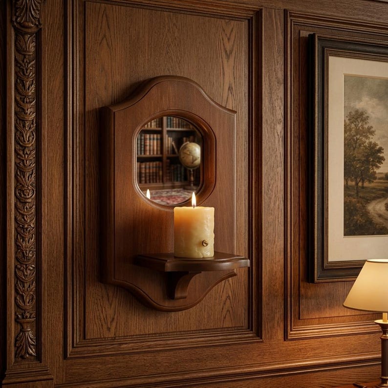 May include: A wall-mounted wooden candle sconce featuring a central circular mirror and a small integrated shelf. A single cream-colored pillar candle with a lit wick sits on the shelf, reflecting in the mirror which shows a library background.