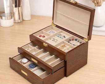 Wooden Jewelry Box Organizer, 3 Drawer Storage Case, Velvet Lined Watch Holder