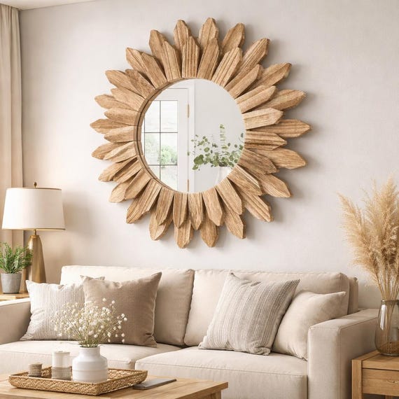 12 Inch Rustic Wooden Farmhouse Mirror | Wall Mounted Decorative Vanity Mirror | Boho Country Decor
