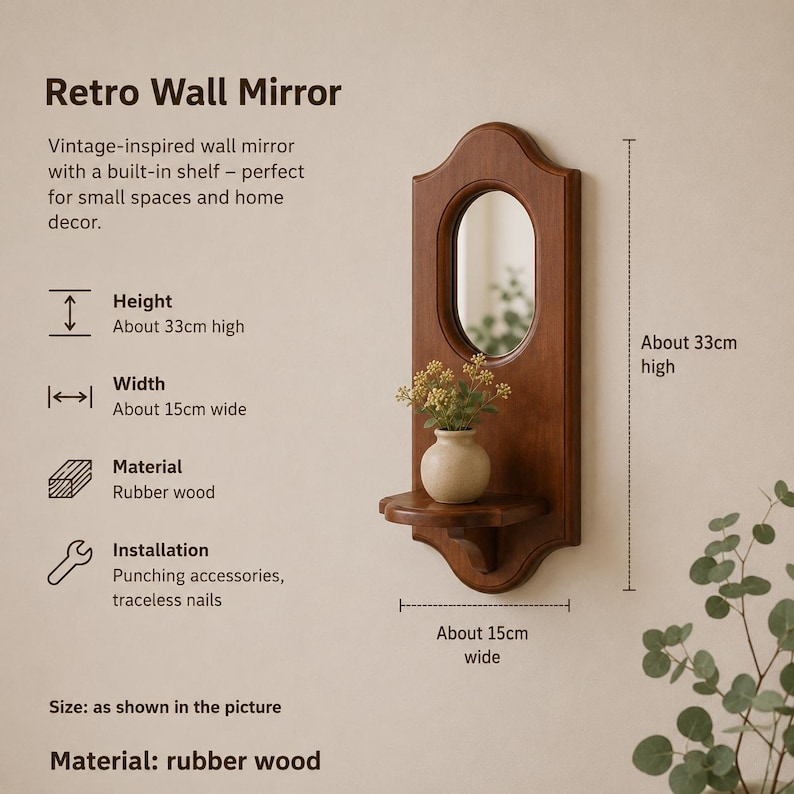 May include: A brown wooden wall mirror with an oval glass pane and a built-in shelf. The mirror frame has a curved top and bottom. Text on the image indicates a height of about 13 inches and a width of about 6 inches. The material is rubber wood.