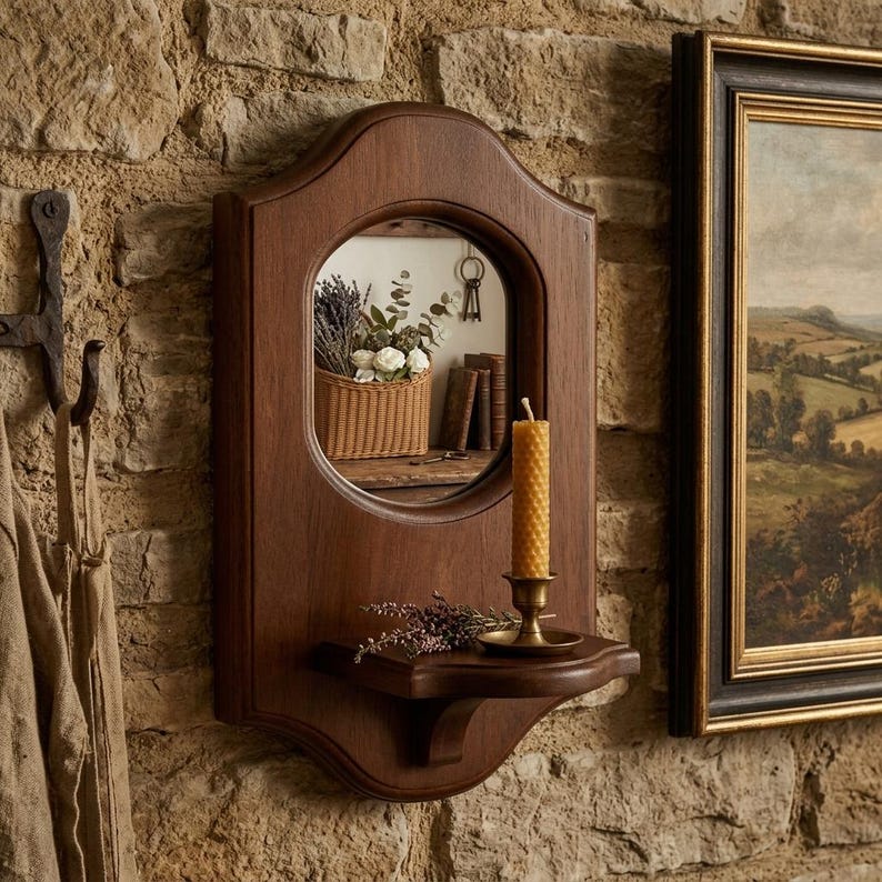 May include: A wall-mounted wooden mirror featuring a rounded top and a small integrated shelf. A tall, textured yellow beeswax candle sits in a brass holder on the shelf, accompanied by a small sprig of dried lavender. The mirror reflects a basket.