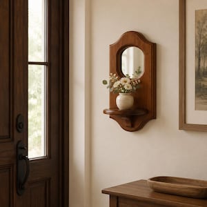 May include: A wall-mounted wooden mirror featuring a curved frame and an integrated small shelf. A cream-colored ceramic vase containing a bouquet of white daisies and green eucalyptus leaves sits on the shelf, reflecting in the mirror glass.