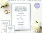 Dusty Blue Wedding Invitation Suite - European Wedding Blue and White Minimalist Invite, French Wedding Reception Invite