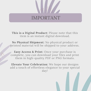 May include: A digital product announcement with the word "IMPORTANT" in a lavender rectangle. Text below states it is a digital download with no physical shipment. It can be printed in PDF or PNG formats. The design is for celebrations.