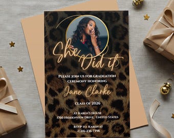Leopard Graduate Invitation: Black&Gold Girl Grad Invite, Class of 2026 Graduation Evite, She Did It, Modern Graduation Flyer,Editable Canva