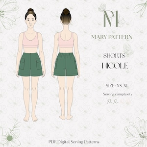 May include: A digital sewing pattern illustration for Nicole shorts, featuring a front and back view of a figure wearing a pink crop top and olive green cargo-style shorts. Text includes Mary Pattern, Shorts Nicole, Size: XS-XL, and PDF Digital Sewing Patterns.