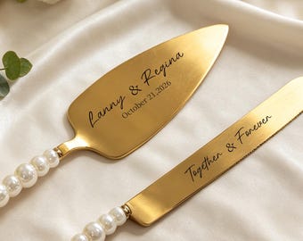 Personalized Gold Cake Cutting Set, Custom Name & Date,Bride and Groom Wedding Gift