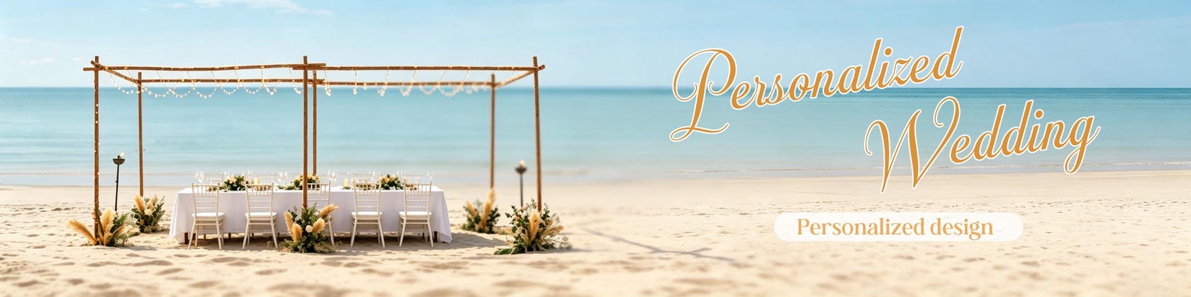 Personalized Wedding: a beach reception table set up under a wooden canopy with string lights
