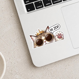 May include: A sticker depicting a cartoon cat with sunglasses and a gold crown. The cat is waving with a paw and has a speech bubble saying "HI ZEV!". The cat has brown and white fur.