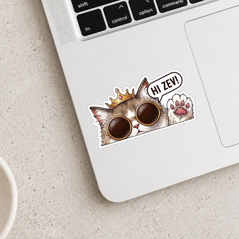 May include: A sticker depicting a cartoon cat with sunglasses and a gold crown. The cat is waving with a paw and has a speech bubble saying "HI ZEV!". The cat has brown and white fur.