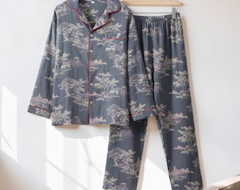 Conjunto de pijama de algodón estampado estilo vintage, conjunto de pijama floral, conjunto de pijama de dos piezas, pijama unisex, conjunto a juego, ropa de estar por casa, regalo para ella.