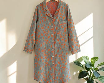 Cotton Nightdress for Women, Printed Button Down Nightdress, Long Sleeve Sleepwear Dress for Her, Comfortable Loungewear Gift for Her