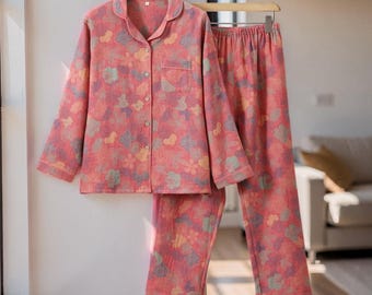 Vintage Style Printed Cotton Pyjama Set, Floral Pyjama Set, Two Piece Pyjama Set, Unisex Pyjamas, Matching Set, Loungewear Gift for Her