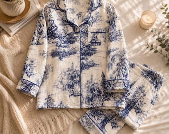 Cotton Pyjama Set for Women, Vintage Print Button Up Sleepwear for Her, Long Sleeve Lounge Set, Comfy Homewear for Her, Grey and White Pjs