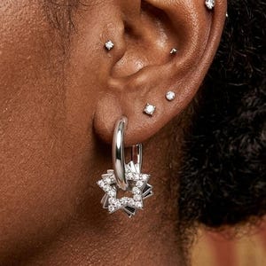 Triple Star Dangle Hoop Earrings, 925 Silver With Bright Stone Hoops