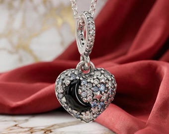 Sparkling Blue Moon & Stars Heart Necklace, Sterling Silver Jewellery, Gift For Her