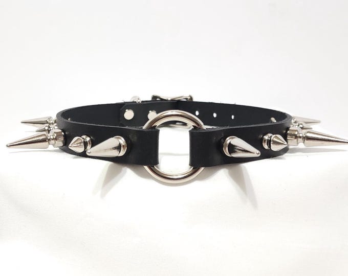 5/8" Wide Genuine Latigo Leather Choker Necklace O-Ring & Spikes Choose from 4 Colors!