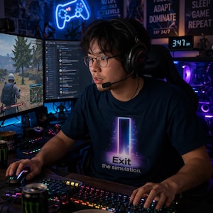 Puede incluir: Una persona con gafas y auriculares está jugando en un ordenador con dos monitores. La persona lleva una camiseta azul marino con el texto "Exit the simulation". Un letrero de neón azul de un mando está en la pared.